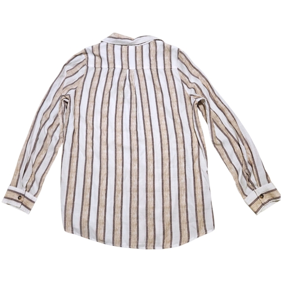 Striped Tunic Blouse Top M Relaxed Beige Brown Button Down Long Sleeve Coastal - Picture 3 of 9